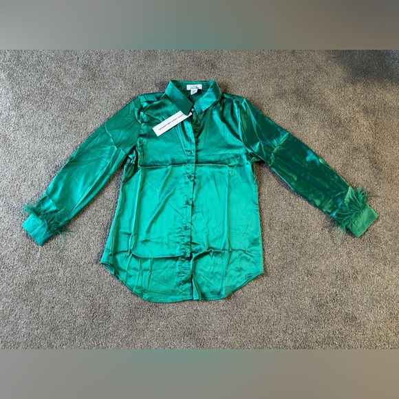 L.I.F.E. Luxurious Spliced Faux Feather Party Silky Blouse L💚New with Tags - Picture 4 of 10